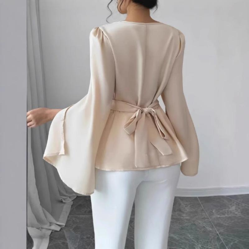 Women Elegant Satin Halter Neck Long Sleeve Waist Slimming Blouse Top