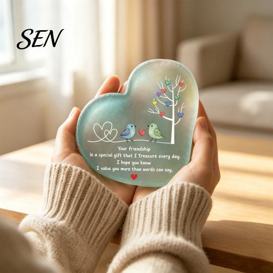 Appreciation Gifts for Long Distance Friend Heart Shape Acrylic Friendship Ornament with Engraved Verse & Bird Tree, Desktop Inspirational Desk Decor