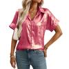 Women Lapel Short Sleeve Shirt Metallic Shiny Fabric Single Breasted Loose Vacation Casual Blouse
