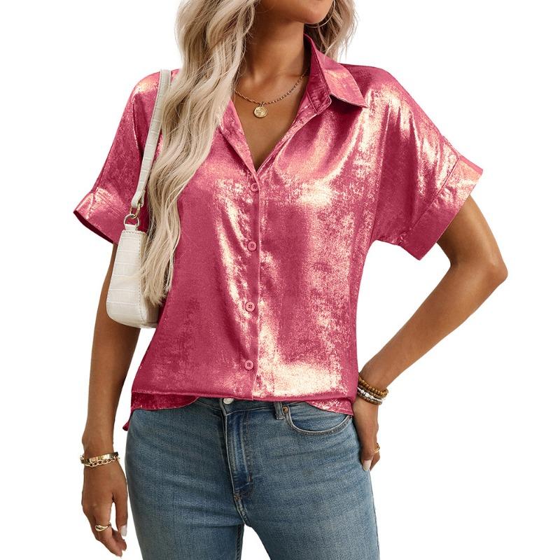 Women Lapel Short Sleeve Shirt Metallic Shiny Fabric Single Breasted Loose Vacation Casual Blouse