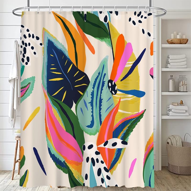 Floral Jungle Boho Shower Curtain Bathroom Colorful Bohemian Abstract Asthetic Pastel Modern Contemporary Art Shower Curtains