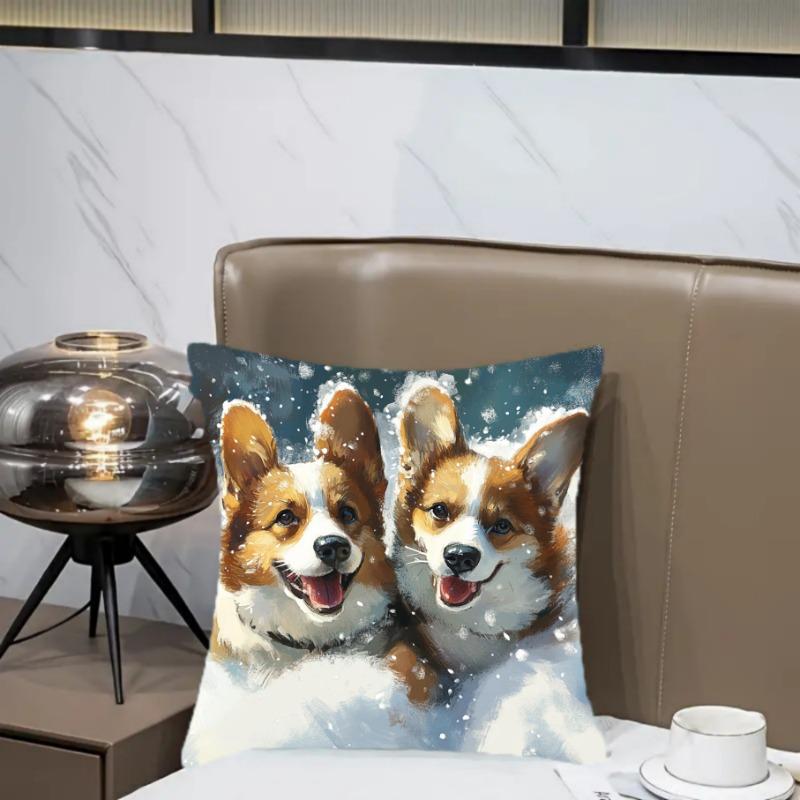 Welsh Corgi Dogs In Snow Cushion Covers Chair Living Room Pillowcase Cozy Zipper Sofa Pillow Covers Bedroom Indoor Home Decor