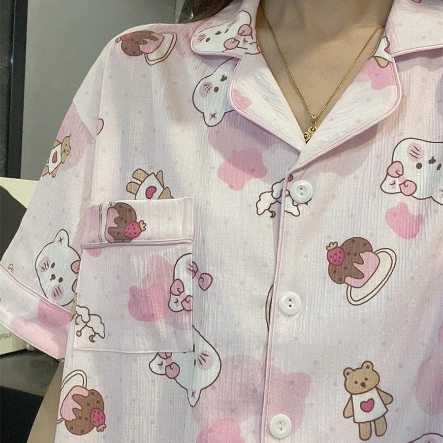 Internet Celebrity New Sweet Pink Love Bear Pajamas Women's Summer Short-sleeved Shorts Set Student Dormitory Casual Home