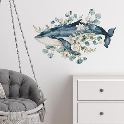 Cartoon Hand-Painted Whale Flower Leaf Wall Sticker Self-Adhesive for Bedroom Living Room Wall Decoration