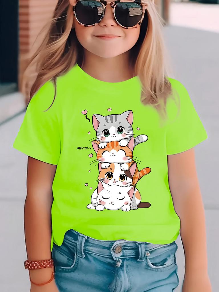 Summer Fashion Girls Short Sleeve T-Shirt Cute Kitten Cartoon Print Casual Top