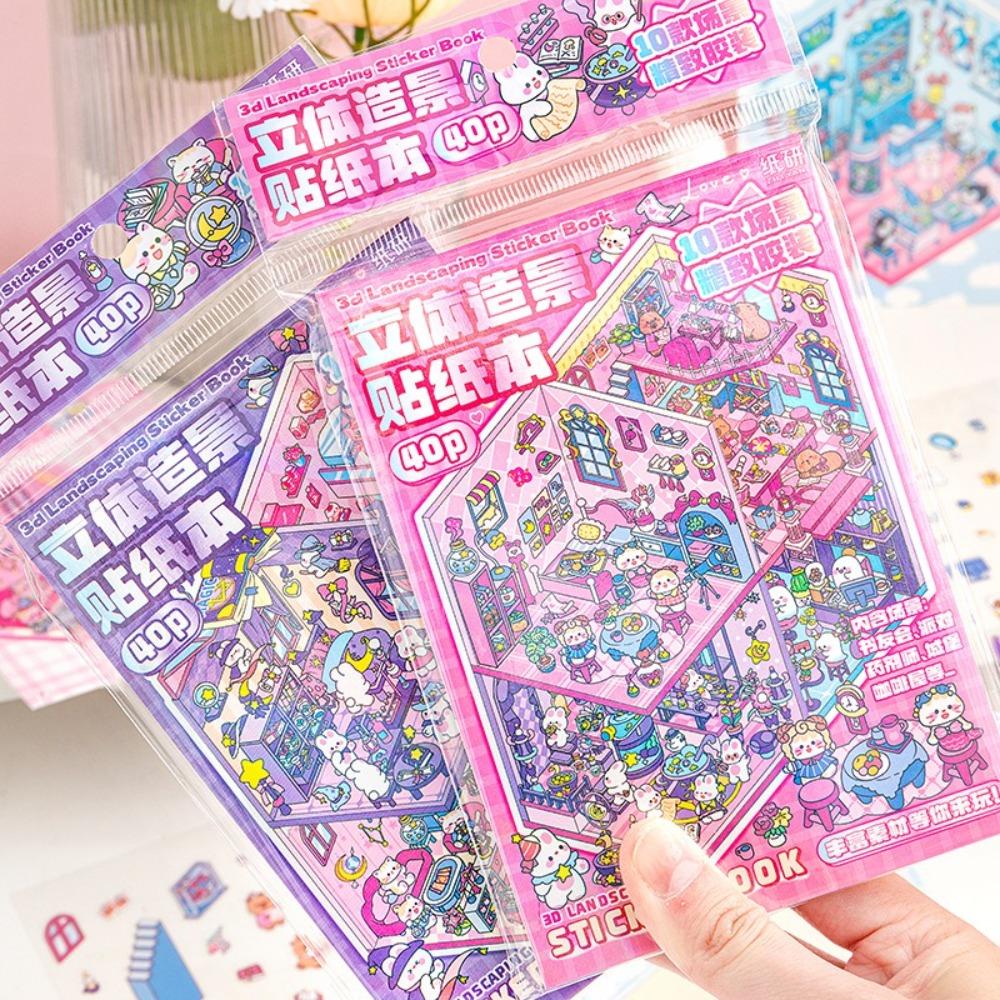 Cartoon Cabin Scene Pocket Sticker DIY Sticker Cabin Scene Creative Miniature Scene Book  for Kid