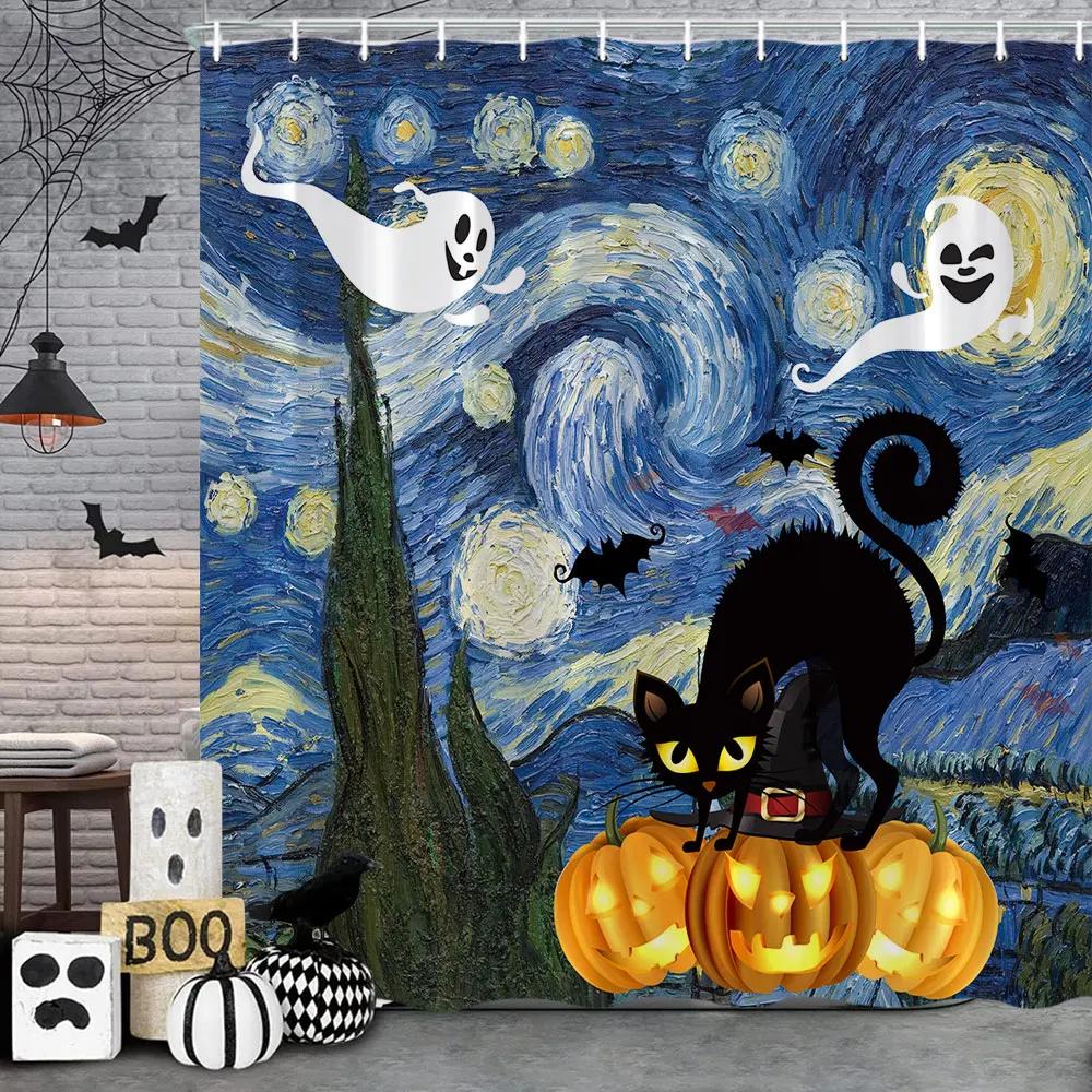 Bathroom Halloween Gnome Truck Shower Curtain Pumpkin Trick-or-Treaters Spooky Witch Spooky Skull Fabric Shower Curtain Festive