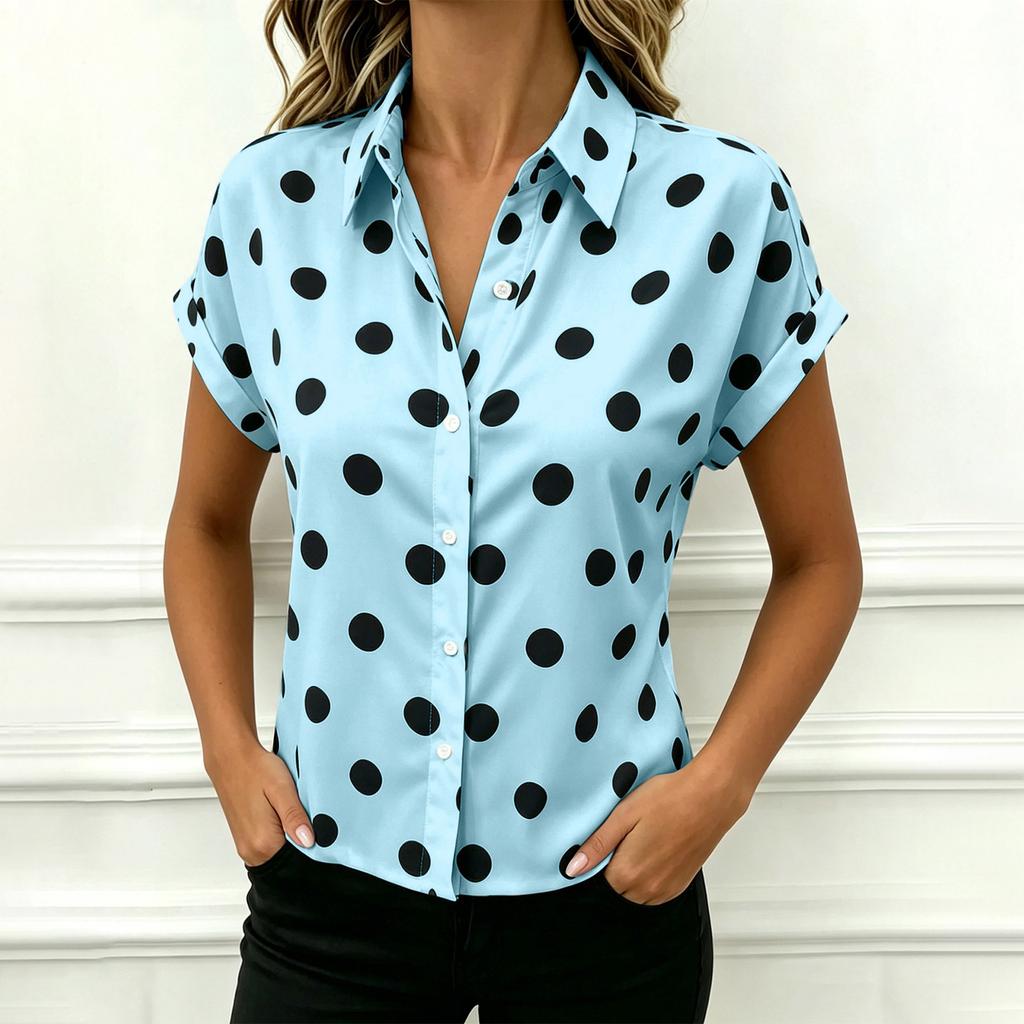 Chemise à Manches Courtes Boutonnée pour Femme à Pois Blouse Décontractée Haut Léger à Col pour l'Été le Travail et le Quotidien