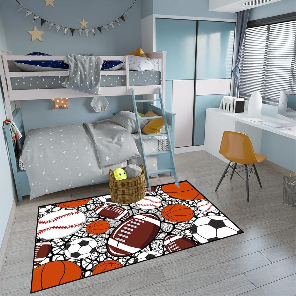 Sportteppich mit Rissmuster für Kinderzimmer, Design mit Fußball-, Basketball-, Football- und Tennisball, rutschfester Spielzimmerteppich