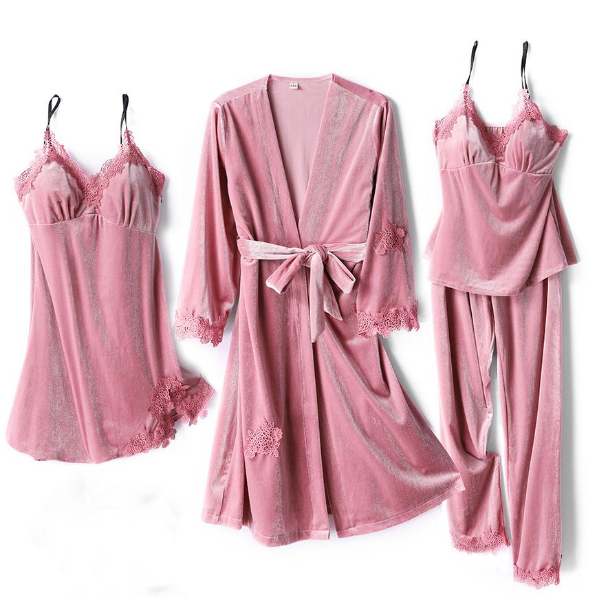 

Пижамный комплект из 4 предметов из бордового бархата, свадебный халат, ночная рубашка, осенне-зимняя женская пижама, сексуальная кружевная отделка, пижамный костюм, домашняя одежда L