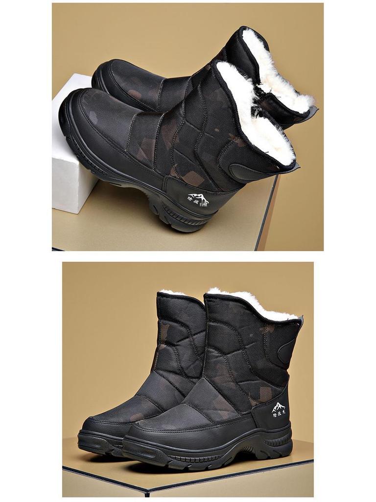 Men's Black High-Top Winter Snow Boots - Thickened, Non-Slip, Warm Cotton, With Zipper