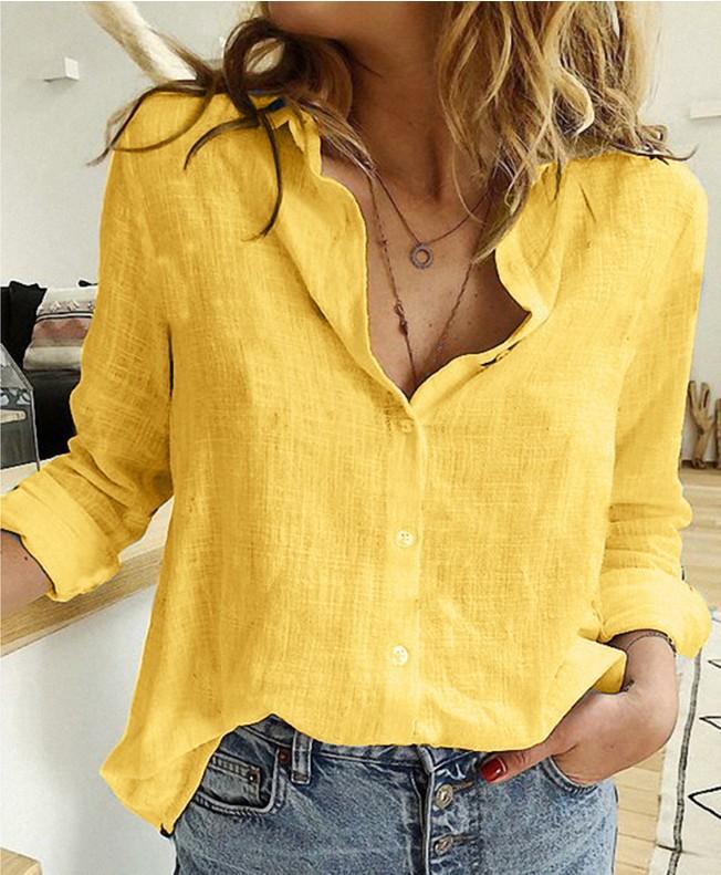 Elegant Cotton Linen Shirts Casual Solid Button Lapel Blouses Shirts Summer Long Sleeve Loose Tops Tunic