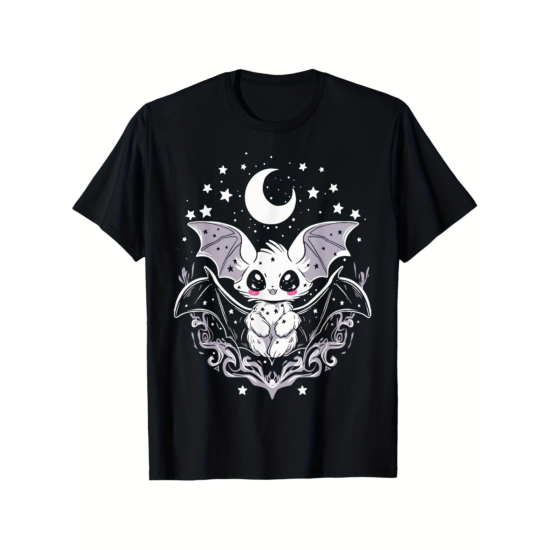 

Cute White Bat Crescent Moon Stars Graphic Tee Unisex Black Short Sleeve T-Shirt Casual Trip - Men s Summer Cotton Graphic Tee 5XL різнокольоровий