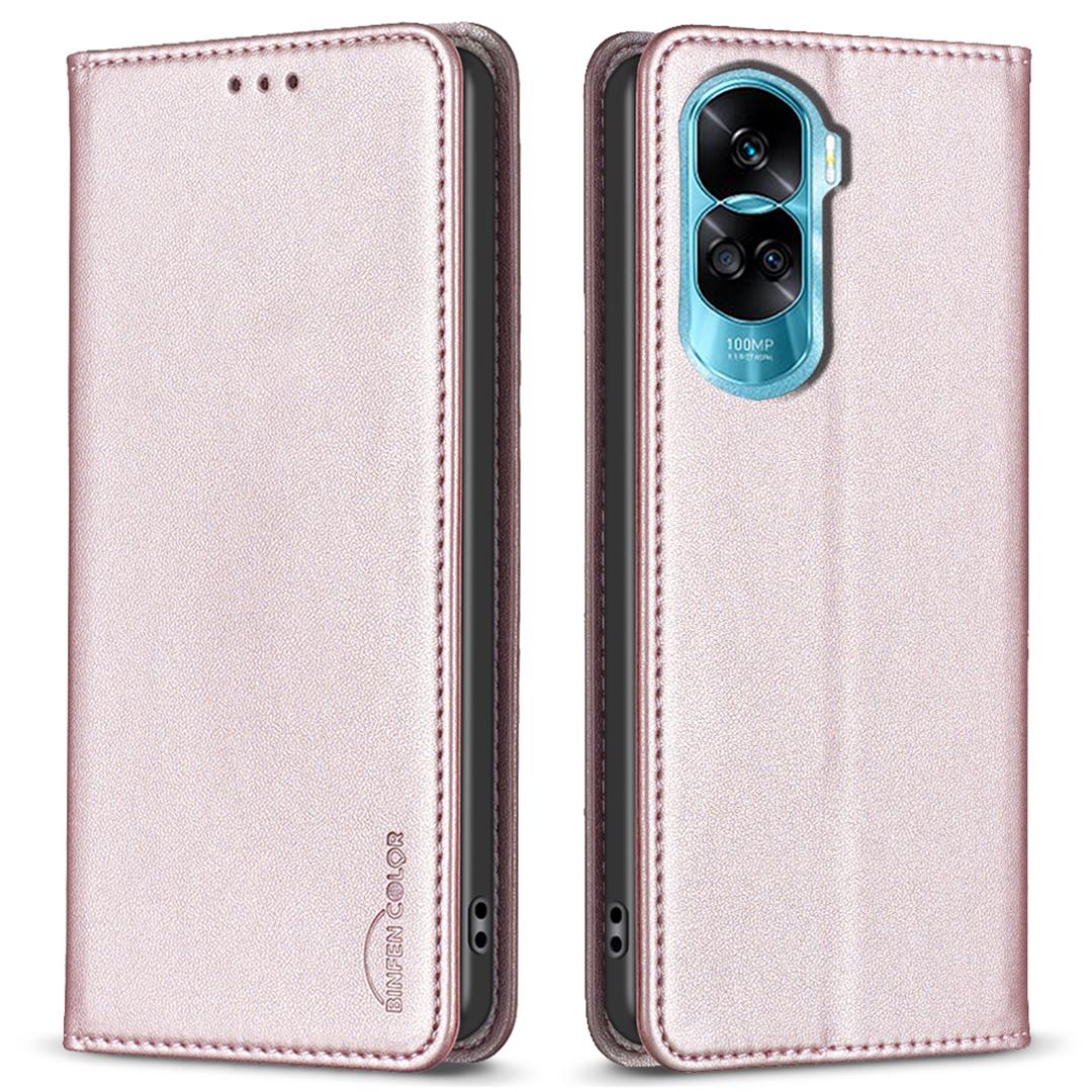 

BINFEN COLOR BF18 For Honor X50i 5G/90 Lite 5G Leather Phone Cover Card Holder Stand Anti-drop Case Rose Gold