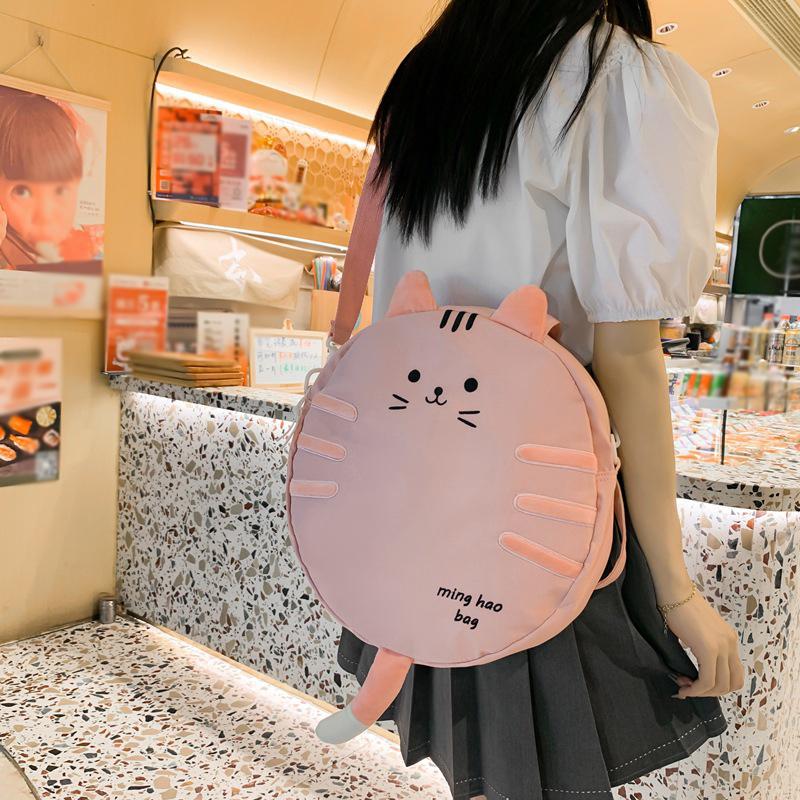 2025 New Leisure Fashion Embroidered Large Capacity Shoulder Bag Cute Cartoon Cat Commuter Canvas Small Round Bag