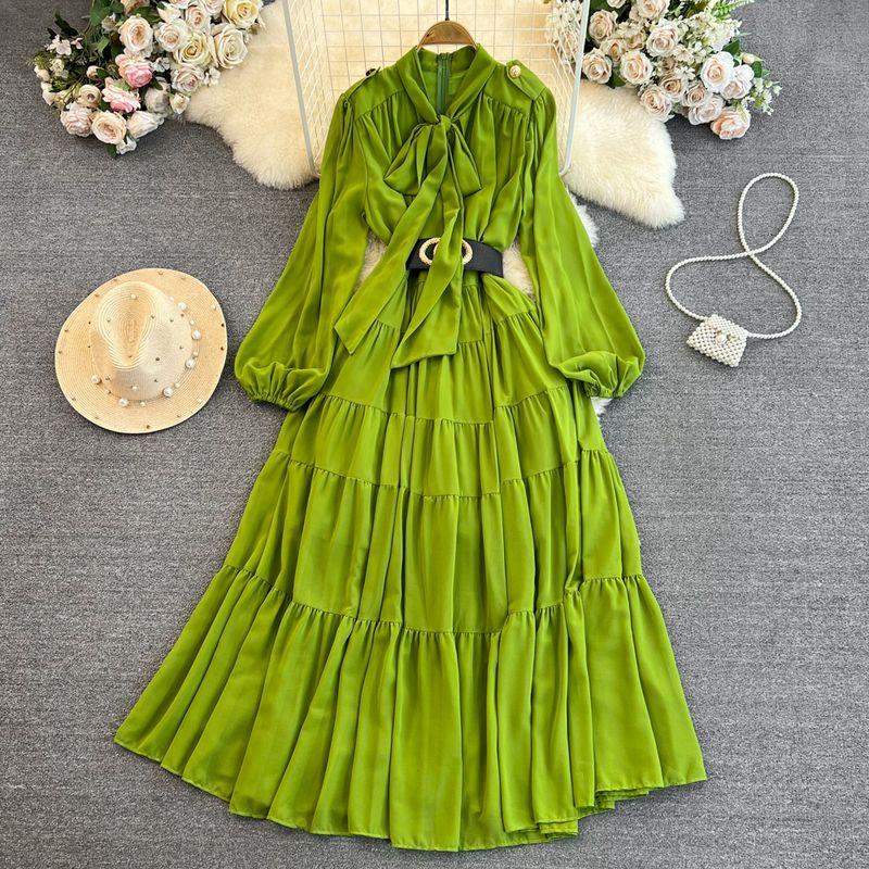 

Long Sleeves Dress Elegance Large Swing Bows Shoelace Green All yards