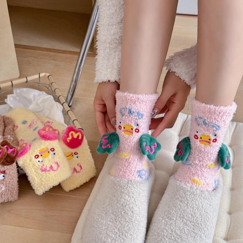 Coral fleece socks women's ugly cute doll duck cartoon socks medium tube socks fluffy plush thickened home sleeping floor socks