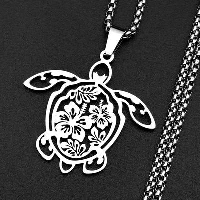 Green Turtle Hibiscus Flower Chain For Women Men Stainless Steel Silver Color Honu Ocean Vacation Boho Hawaiian Necklace Jewelry