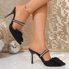 Fashion Summer New Plus Size Wrapped Toe Stiletto Slippers Women Pointed Toe Shallow Mouth Bow Rhinestone Strap Heels