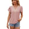 Spring Summer Women's Lace Patchwork V-neck Loose Short Sleeve T-shirt