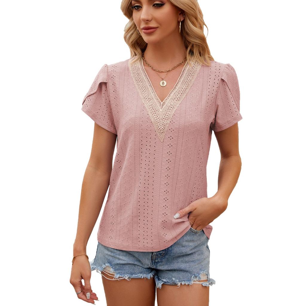 Spring Summer Women's Lace Patchwork V-neck Loose Short Sleeve T-shirt