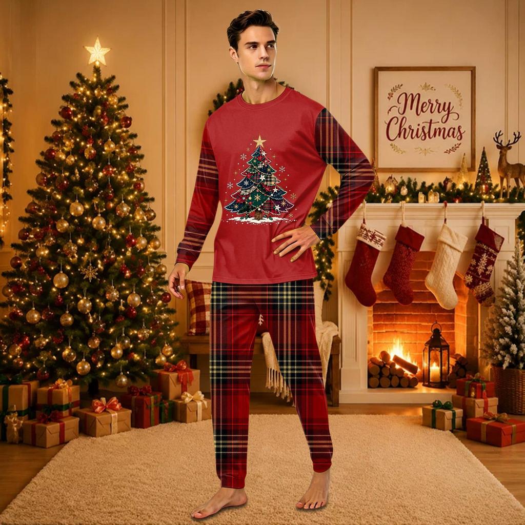 Christmas-print long-sleeve and long-pant matching family loungewear set