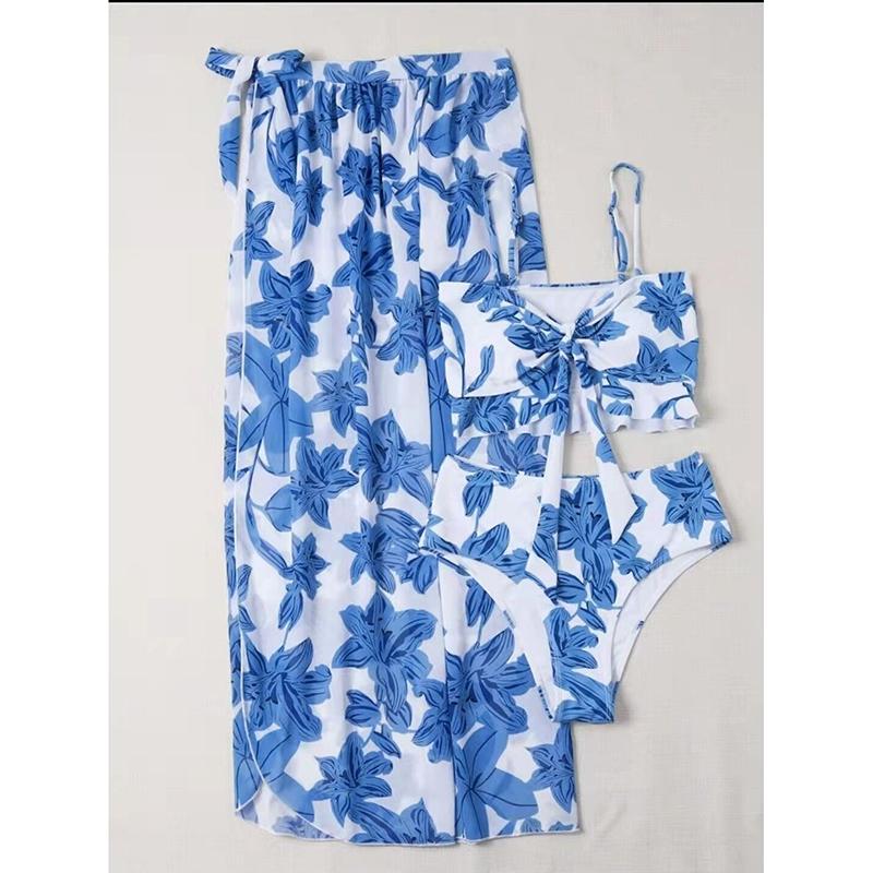 Three-Piece Bikini Set Women Swimsuit Floral Print Beach Wrap Skirt Female Swimwear Bathing Summer Fashion Beachwear