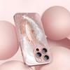 Stylish Dreamy Feather Pattern Pink Metallic Glass Phone Case For iPhone 11 12 13 14 15 16 17 Pro Max 15 Plus 17 Air 16E Cover
