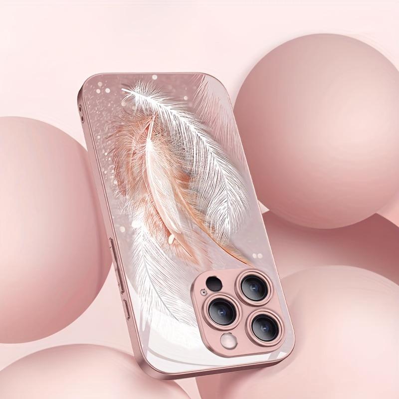 Stylish Dreamy Feather Pattern Pink Metallic Glass Phone Case For iPhone 11 12 13 14 15 16 17 Pro Max 15 Plus 17 Air 16E Cover