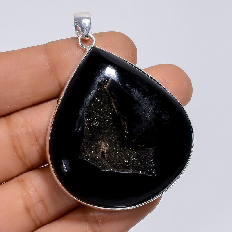 

Classic Top Grade Qualite 100% Natural Black Onyx Druzy Heart Shape Ethnic Style Handmade Jewelry 925 Steling Silver Pendant 2.1 WSJ-5007 2.1