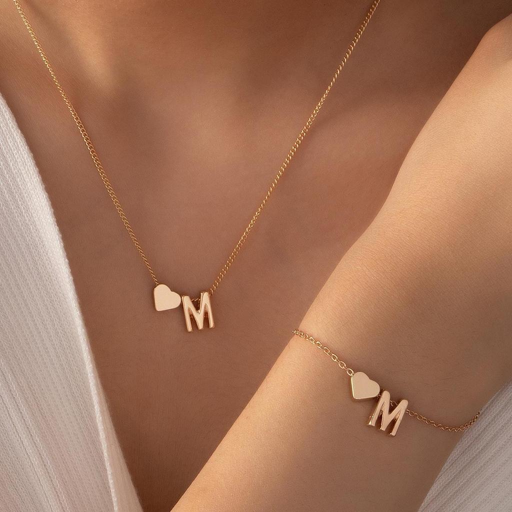 Retro Metal Heart 'M' Necklace & Bracelet Set for Women - European & American Letter Jewelry