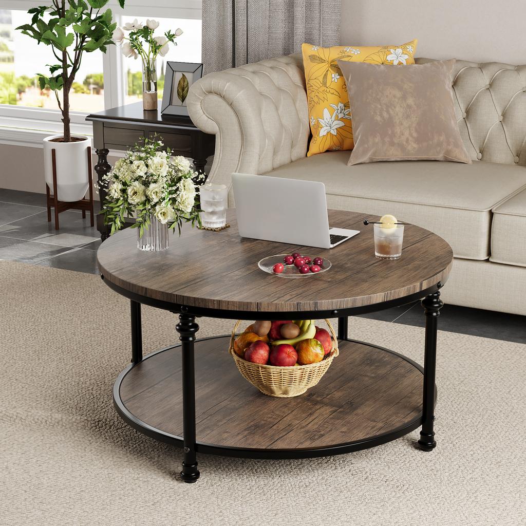 2-Tier Round Coffee Table Rustic Center Table with Storage Shelf for Living Room with Sturdy Metal Legs Wood Circle Coffee Table