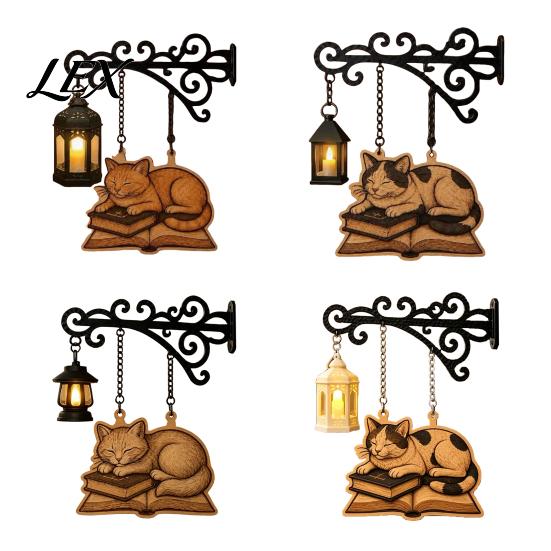 Bookworm Office Accessory Vintage Bookshelf Light with Cat Sleeping On Book Design, Retro Lantern Small Indoor Accent Lamp for Reading, Decorative LED