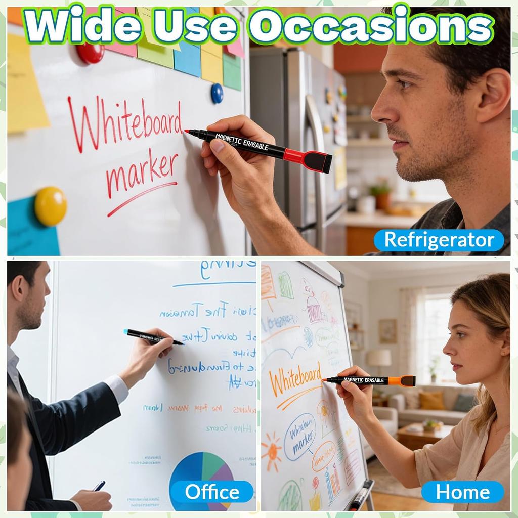 Dry Erase Markers, 12Pcs Colorful Magnetic Whiteboard Markers, 1mm Fine Tip Magnetic Dry Wipe Pens with Eraser Cap, Low Odor Thin Dry Erase Markers