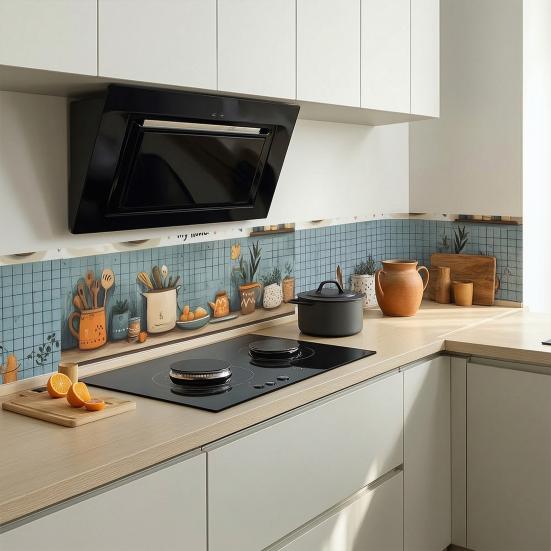 Oil Proof Wall Stickers Wallpaper, Kitchen Backsplash Wall Protector, Cookware Pattern Waterproof Heat Resistant Wall Sticker, Self-Adhesive Sticker