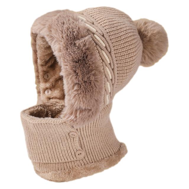 Winter-Plüsch-Skimütze, einteiliges Schal-Mützen-Set, Gesichtsmaske, Ohrenschutz, Strickmützen, Kunstfell-Pompon, Wollmützen, Nack, warm, für Outdoor-Wanderungen und Reiten