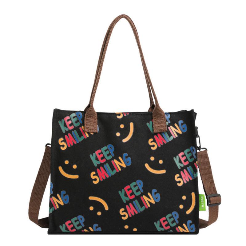 Large Capacity Smiley Face Canvas Shoulder Bag Women Tote Bag Street Trend Black