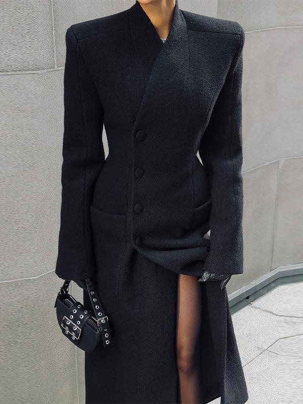 2025 Fall/Winter Elegant European & American Style Women's Long Coat with Padded Shoulders & Waist-Cinching Design