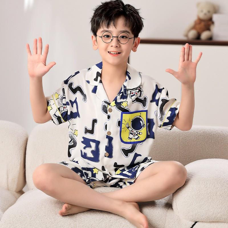 Boys Pajama Set Ice Silk Short Sleeve Cartoon Sleepwear Kids 8 Years Home Loungewear
