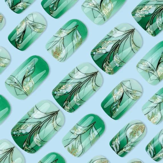 

24Pcs Short Square Press On Nails, Green & Gold Leaf Design Full Cover Acrylic False Nails with Glue United States