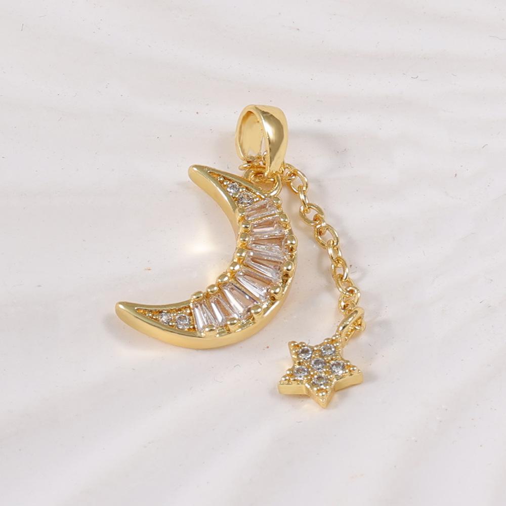 Elegant Star and Moon Crescent Pendant with Square Cut and Small Diamonds on Clavicle Chain