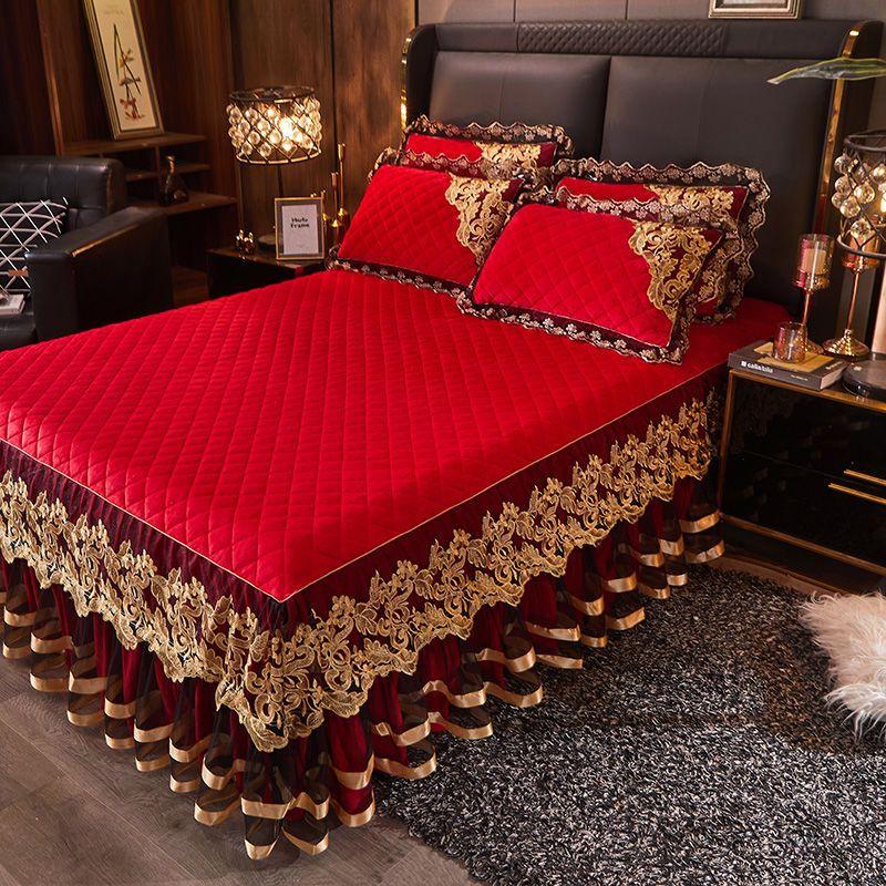 3PCS European Crystal Velvet Bed Skirt Winter Lace Velvet Bed Cover Warm Non-slip Thickened Fleece Bedding Three-piece Set