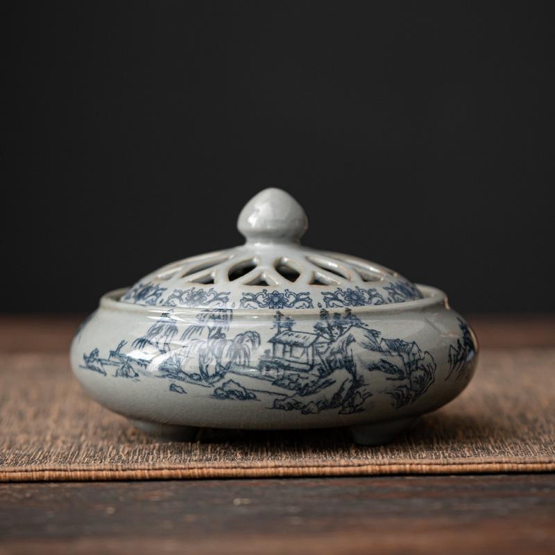 Chinese Retro Blue and White Ceramic Incense Burner Ornament
