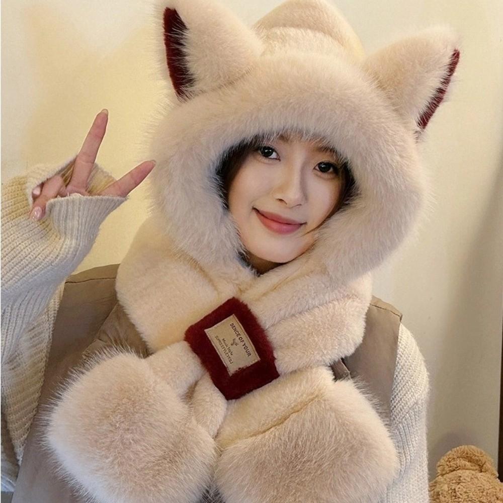 Two-Piece Set Plush Bear Hat Scarf Thickened Neck Warmer Hat Cute Ear Protection Hooded  Winter