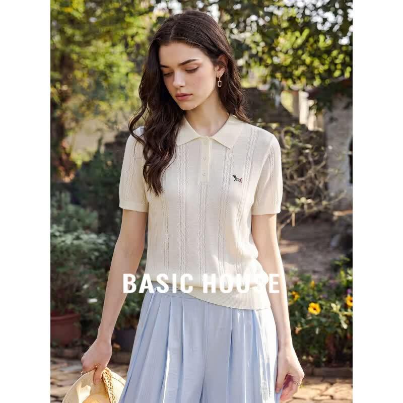 Basic House Women s Tencel Linen Puppy Embroidery Polo Shirt M белый