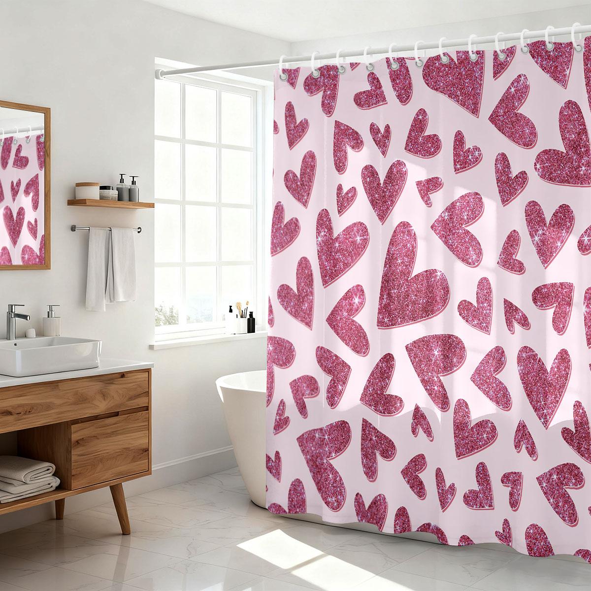 

1Pc Valentine S Day Romantic Pink Love Print Waterproof Privacy Shower Curtain With 12 Hooks Multi Size Easy To Install W60H190(CM)-1 Pcs