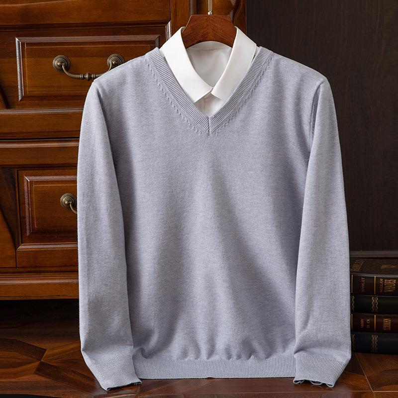 Suéter de Punto para Hombre con Cuello en V - Casual, de Negocios, Corte Holgado, Color Sólido, Manga Larga