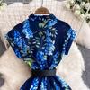 Summer Elegant Short Sleeve A Line Shirt Dresses Women's Turn Down Collar Vintage Leaves Print Runway Belt Midi Dresses
