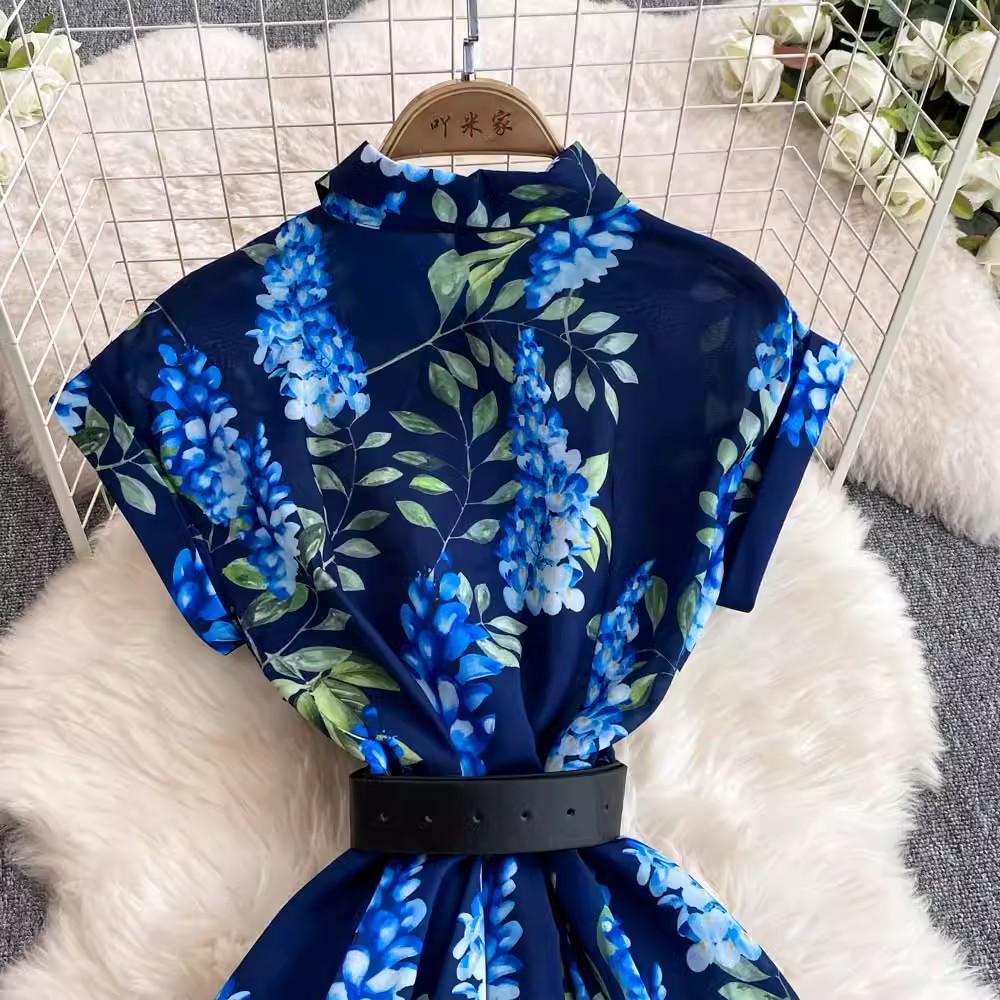 Summer Elegant Short Sleeve A Line Shirt Dresses Women's Turn Down Collar Vintage Leaves Print Runway Belt Midi Dresses