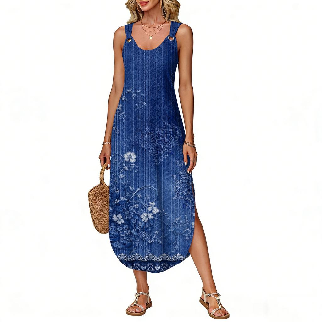 Women's Summer Long Dress, Sleeveless With Side Slits, Long Retro Printed Camisole Dress